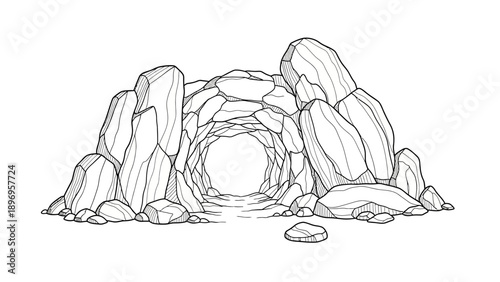 Detailed Black and White Cave Entrance Illustration with Stone Texture.