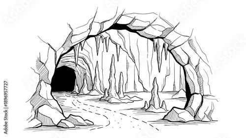 Detailed Black and White Cave Illustration with Stalactites and Pathway.