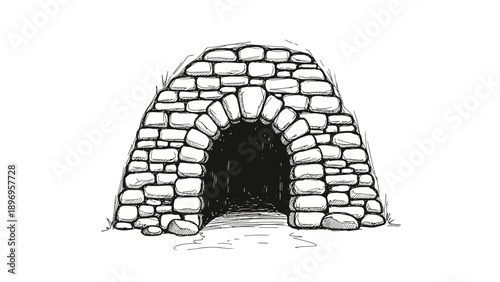 Hand-drawn Stone Archway Entrance with Rough-Hewn Blocks and Dark Interior.