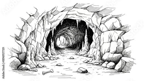 Hand-drawn Cave Interior with Stalactites and Bone on Ground.