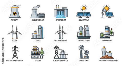 Collection of energy industry icons representing different power generation methods.