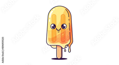 Cute Melting Yellow Orange Cartoon Popsicle with Happy Face.
