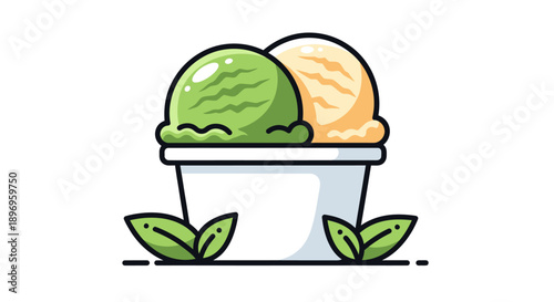 Two Scoops of Ice Cream in a Cup with Mint Leaves Illustration.