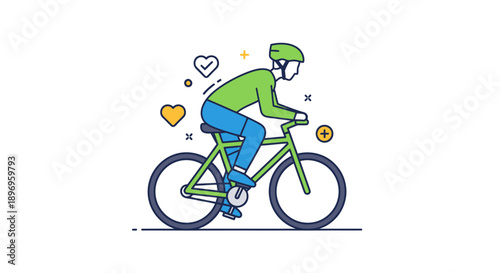 Cartoon cyclist in green shirt and helmet riding a bicycle illustration.
