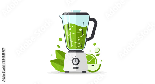 Modern White Blender with Green Smoothie Fresh Ingredients.