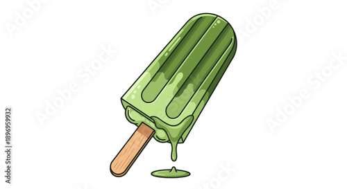 Green Popsicle Melting with a Wooden Stick Summer Treat.