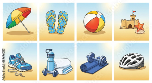 Collection of beach and sports equipment on sand.