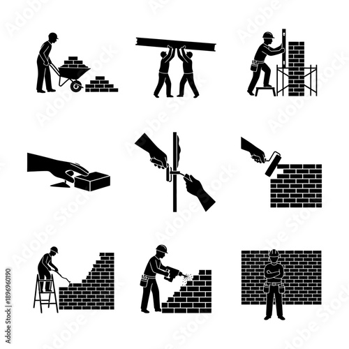 Various construction and masonry tasks illustrated in black and white icons