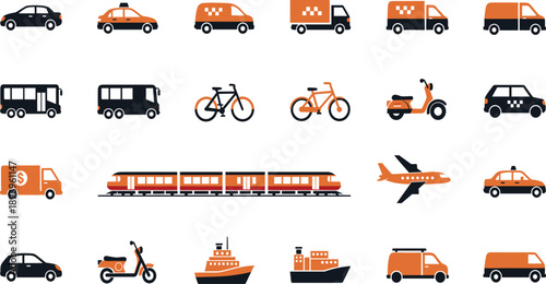Modern Transportation Flat Icon Set Featuring Cars Taxis Buses Trains Bicycles Scooters Airplanes and Delivery Vehicles for Urban Mobility Designs