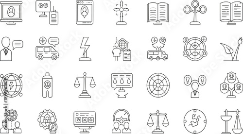 Society Business and Public Services Line Icon Set Featuring People Communication Justice Energy Economy and Global System Symbols