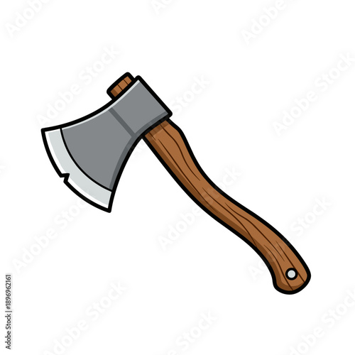 Wooden Handle Axe with Sharp Blade Angled View Colored Clipart
