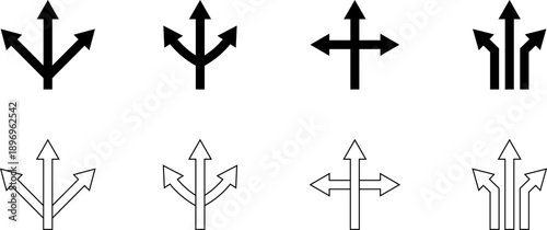 Three way direction icon set. Arrow direction three arrow heads navigation icon.