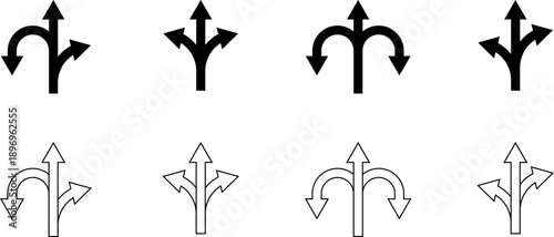 Three way direction icon set. Arrow direction three arrow heads navigation icon.
