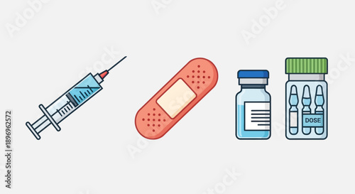 Essential Medical Tools: Syringe Bandage Vials Ampoules Illustration.