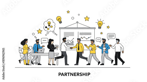 Diverse group of business professionals collaborate and shake hands in office setting to illustrate corporate partnership.