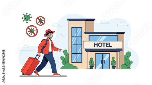 Male traveler wearing face mask walks with red suitcase past hotel building while virus icons float in background.