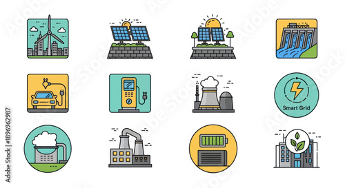 Collection of Colorful Icons Representing Renewable and Non-Renewable Energy Sources.
