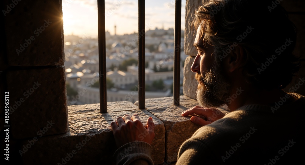 Naklejka premium A man contemplates the city view through a window, bathed in sunlight. His gaze is focused, perhaps lost in thought, while the cityscape sprawls out beyond him