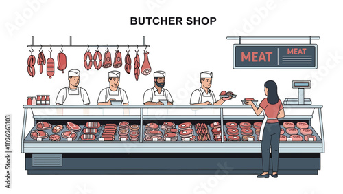 Busy butcher shop interior shows professional staff serving female customer with wide selection of fresh meat products.