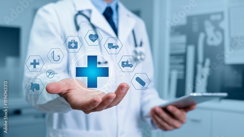 Doctor holding healthcare icons in hand, concept of medical technology and digital services