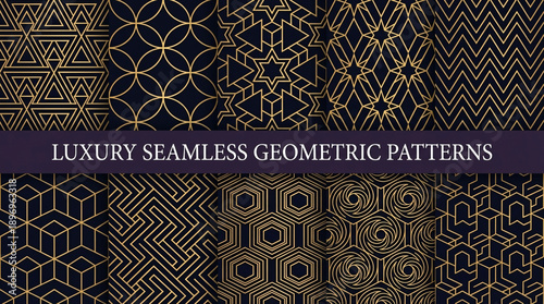 Luxury Seamless Geometric Patterns Set in Gold on Dark Background – Elegant Abstract Decorative Design Collection