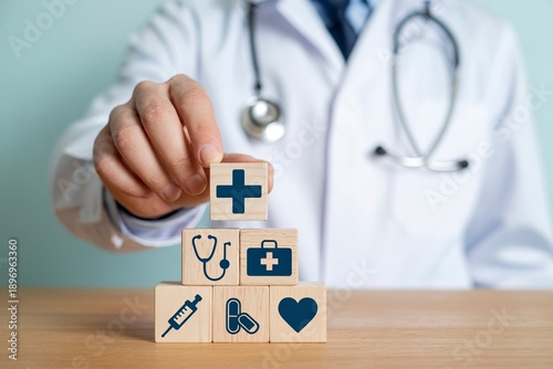 Tableau sur toile Doctor's hand placing medical cross cube on stack of healthcare symbols blocks
