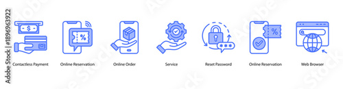 Seamless Online Transactions web banner icon vector illustration featuring Contactless Payment, Online Reservation, Online Order, Service, Reset Password, Online Reservation, and Web Browser.