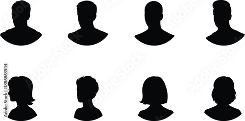 Male and female head silhouette avatars set, anonymous user profile icons front and side views, flat vector illustration design collection