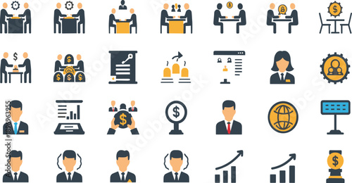 Business Teamwork and Finance Flat Icon Set Featuring Meetings Management Growth Strategy Leadership and Corporate Success Symbols