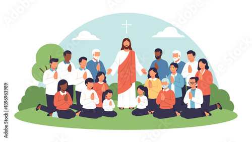 Religious illustration shows Jesus Christ standing in center of diverse group of men women and children praying together.