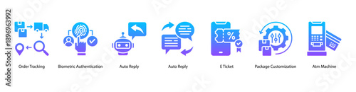 Secure Digital Access web banner icon vector illustration featuring Order Tracking, Biometric Authentication, Auto Reply, Auto Reply, E Ticket, Package Customization, and Atm Machine.