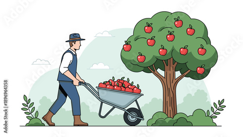 Hardworking male farmer pushes a wheelbarrow overflowing with fresh red apples next to a fruit-bearing tree in a sunny orchard landscape.