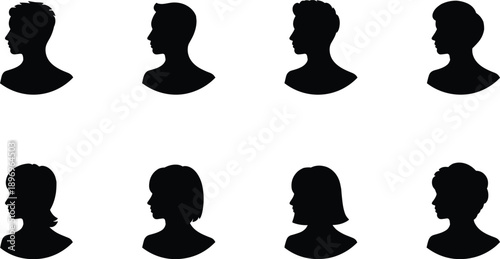 Male and female profile head silhouettes set, anonymous people side view avatars for user interface design, flat vector illustration iconsMale et,  interface design, flat vector illustration icons