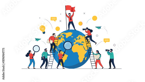 Motivated team of diverse people using ladders, magnifying glasses, and telescopes to explore a large globe for global business and research.