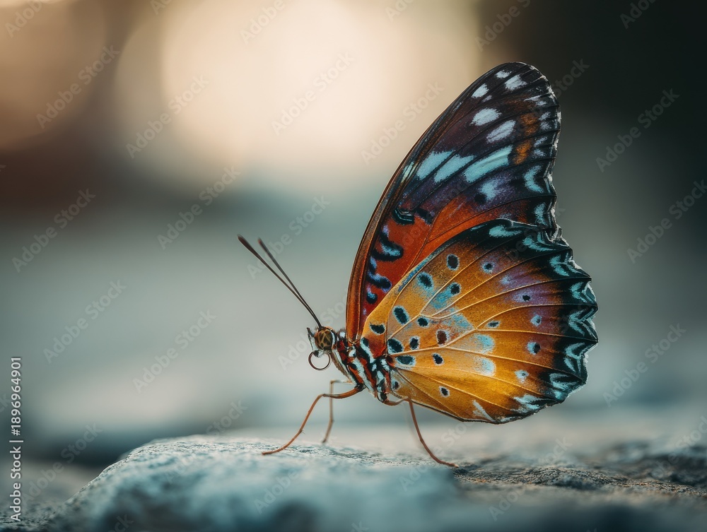 Obraz premium a colorful butterfly perched on a serene rock formation in a tranquil outdoor setting symbolizing the beauty of nature and the peaceful coexistence of modern elements