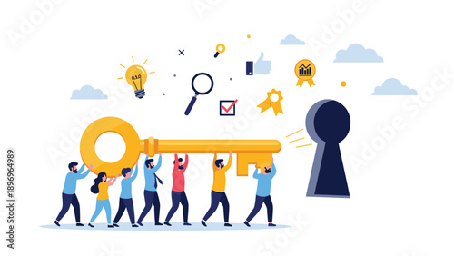 Collaborative team of people carrying a massive golden key together towards a giant keyhole to unlock a solution or success.