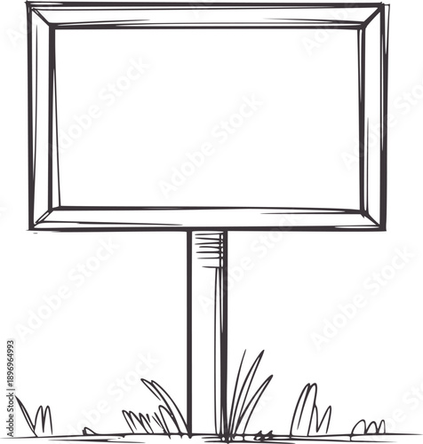 Hand drawn empty rectangular signpost with grass outline