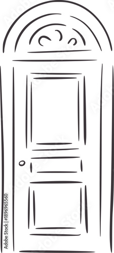 Minimalist hand drawn of an arched doorway with a paneled door simple outline