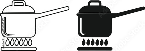 Cooking pot on gas stove burner icon, saucepan with lid and handle for kitchenware and culinary concept vector illustration.