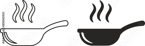 Hot Frying Pan Icon Set - Sizzling Cooking Pan with Steam Vapor Vector Illustration