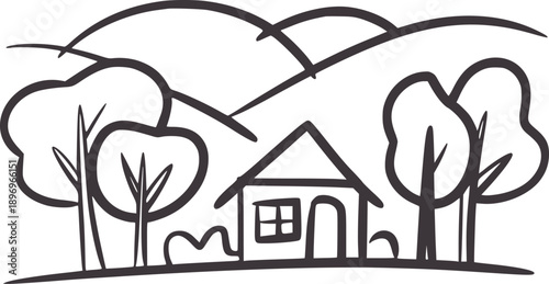 Simple line of a house with trees and rolling hills nature landscape