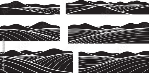 Black and white abstract landscape with wavy lines design