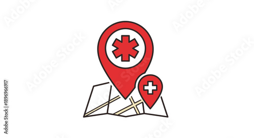 Medical Location Map Pins with Star of Life and Cross Symbols.