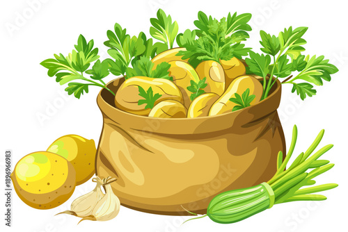 Celery sack full of fresh yellow potatoes some sprouted green leaves isolated on transparent background rural farm produce natural food element.