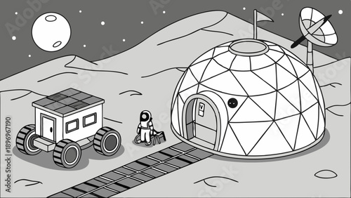 Lunar Colony Base with Astronaut and Rover Exploring Moon Surface for Science and Future Space Exploration Design