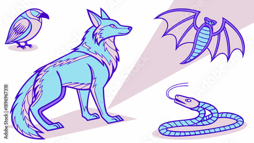 Mystical Spirit Animals Icon Set Coyote Bat Snake Bird for Mythology Design Projects and Spiritual Branding