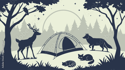 Wilderness Camping Night Scene Silhouette Deer Wolf Cats Forest Adventure Travel Graphic Design Element