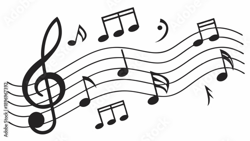 Wavy Staff Lines with Treble Clef and Flowing Musical Notes for Music Education or Harmony Design Projects