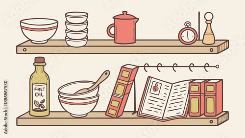 Cozy Kitchen Shelves with Cooking Ingredients Recipe Books and Utensils for Food Blog Design