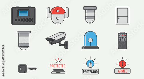 Security System Icons: Surveillance Camera Alarm Key and Control Panel.